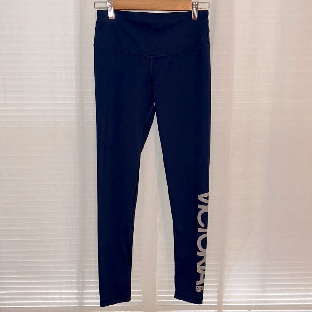 VS S Knockout Navy Silver Gold Metallic Logo High Waist Athletic Leggings